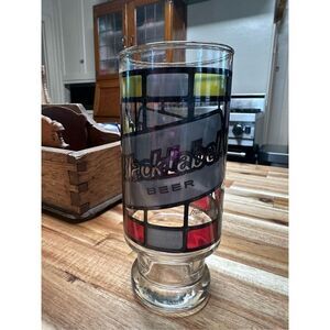 Vintage Mid Century 6-1/2 Black Label Beer Stained Glass Style Beer Glass